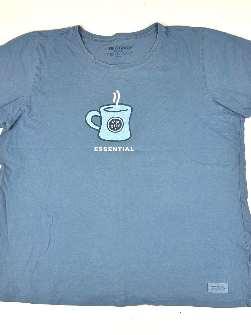 Life is Good Crusher Tee Womens XL Blue T Shirt Coffee Cup Essential